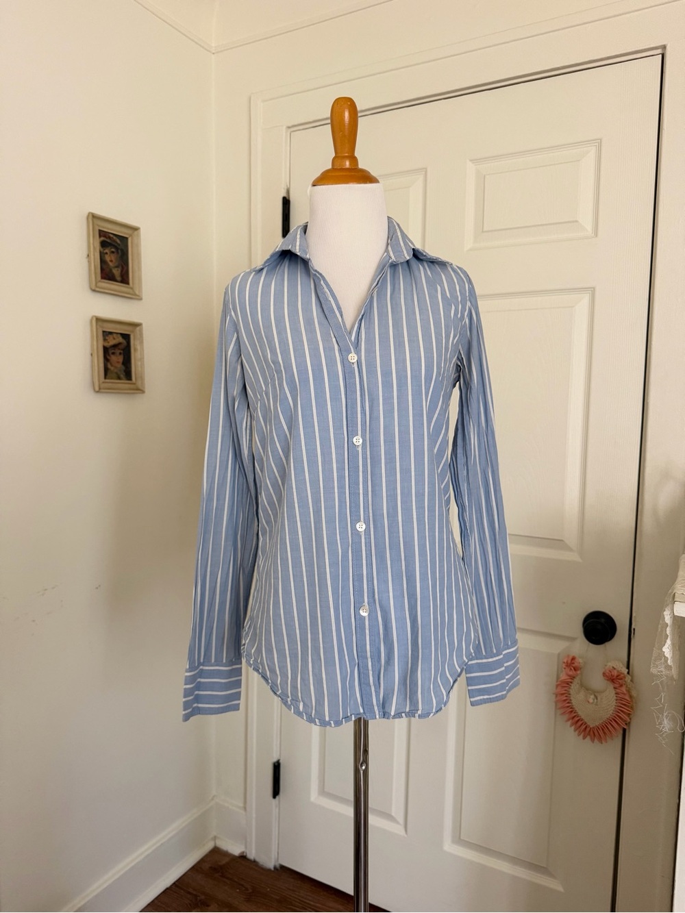Vintage Baby Blue Striped Coastal Button Up Blouse